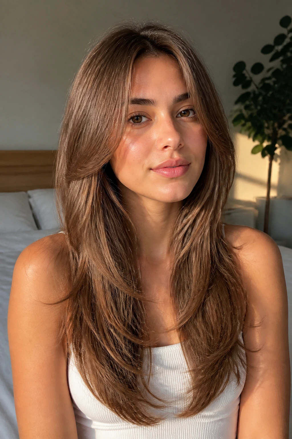 Close-up of a real person with a Soft U-Shape Butterfly on long thin hair.