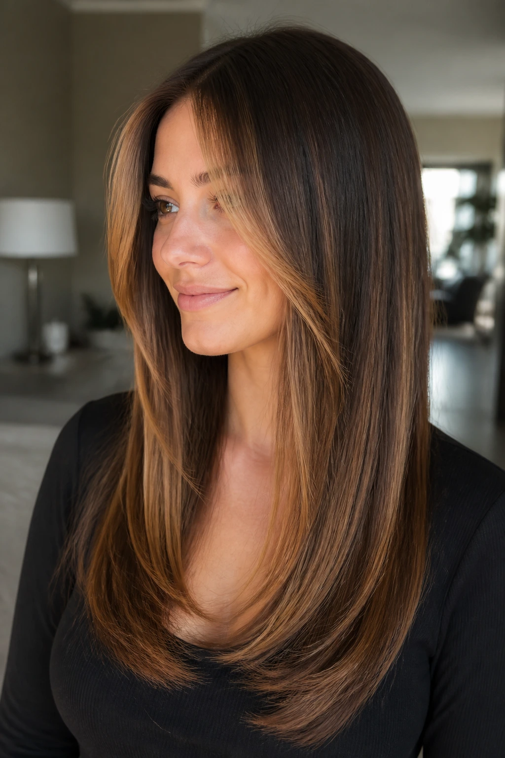 Close-up of face-framing caramel on a soft U-shaped hairstyle