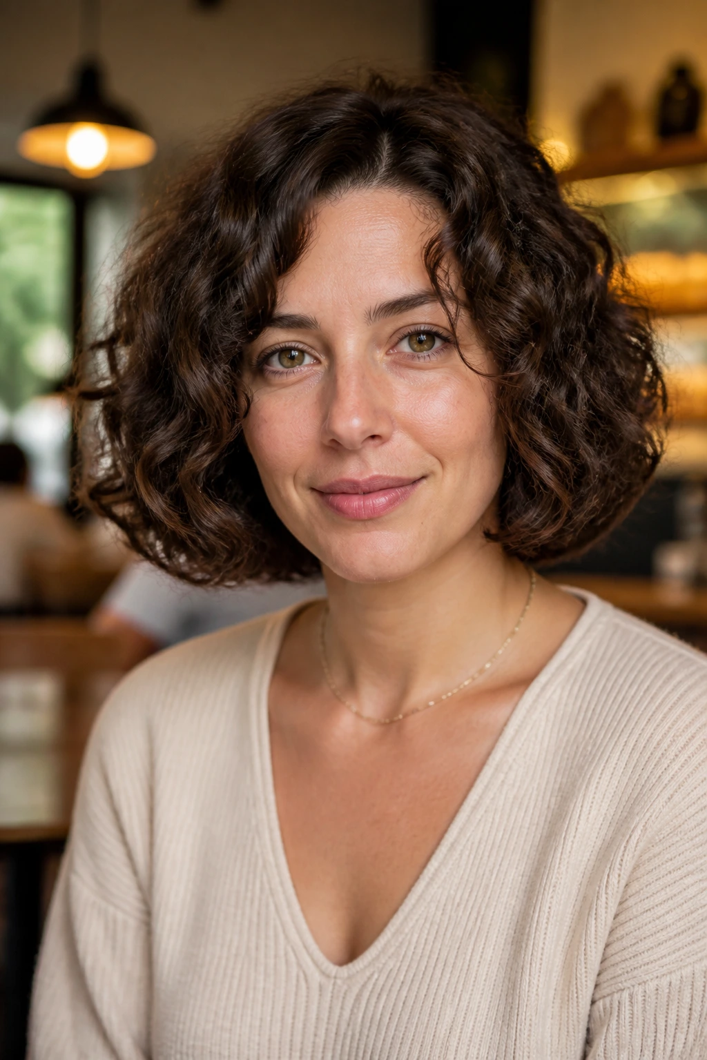 Real person with soft U-shape curly bob in warm cafe light.