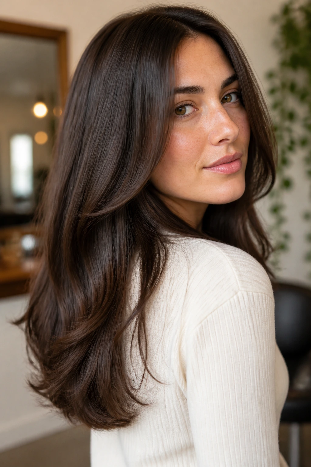Close-up of a real woman with a soft U-shaped perimeter, ends full.