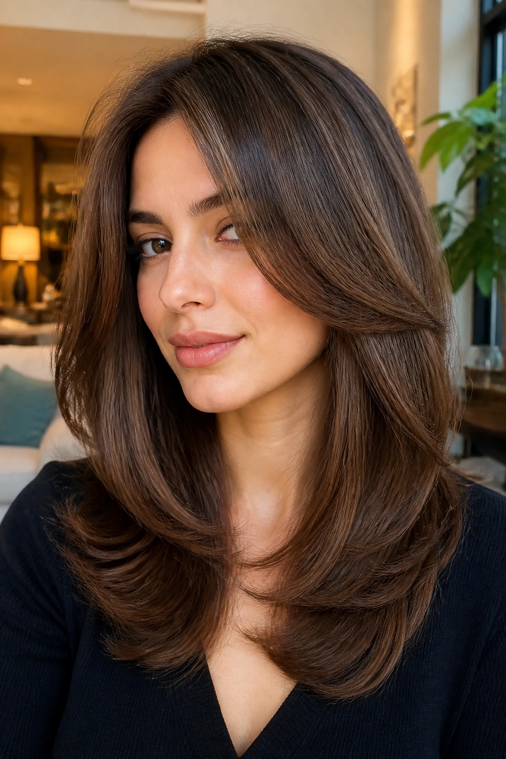 Portrait of a real woman with soft U-shape cut and long internal layers.