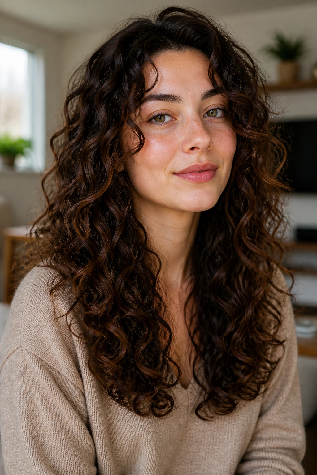 Close-up portrait of a woman with soft U-shaped layered curls.