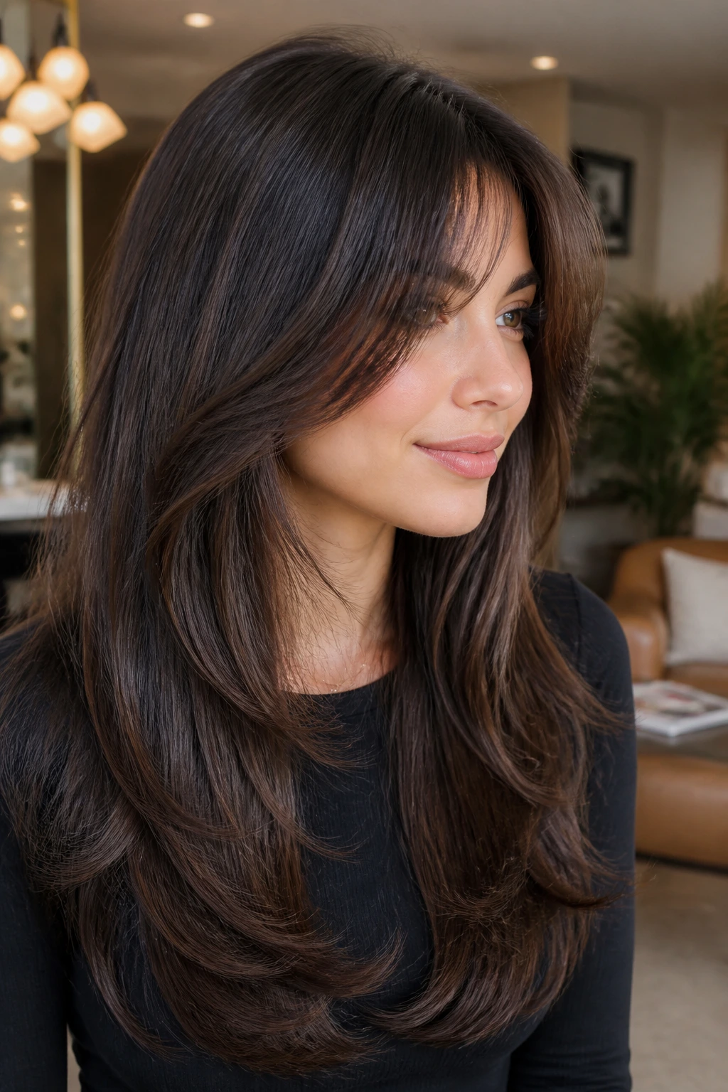 Portrait of a woman with soft U-shape layers and feathered bangs