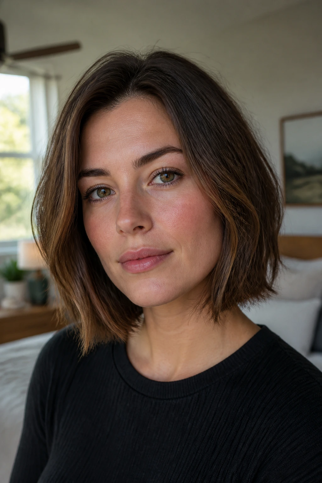 Close-up portrait of a real woman with a soft U-shape lob framing the jaw