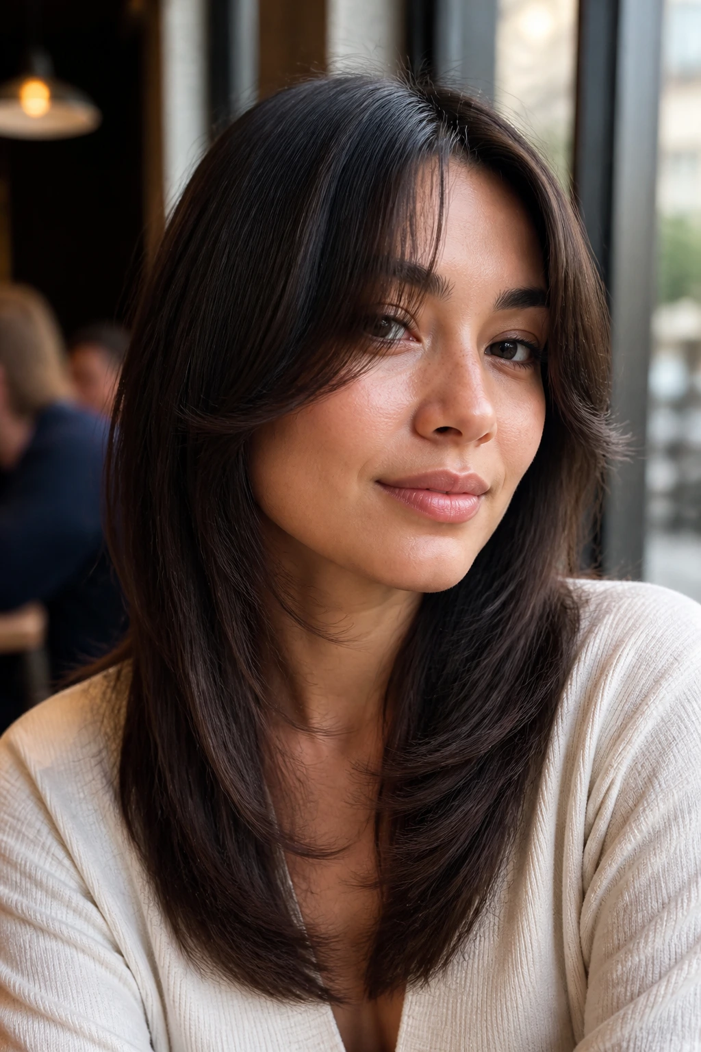 Close-up portrait of a real woman with soft U-shaped hair and swoopy fringe