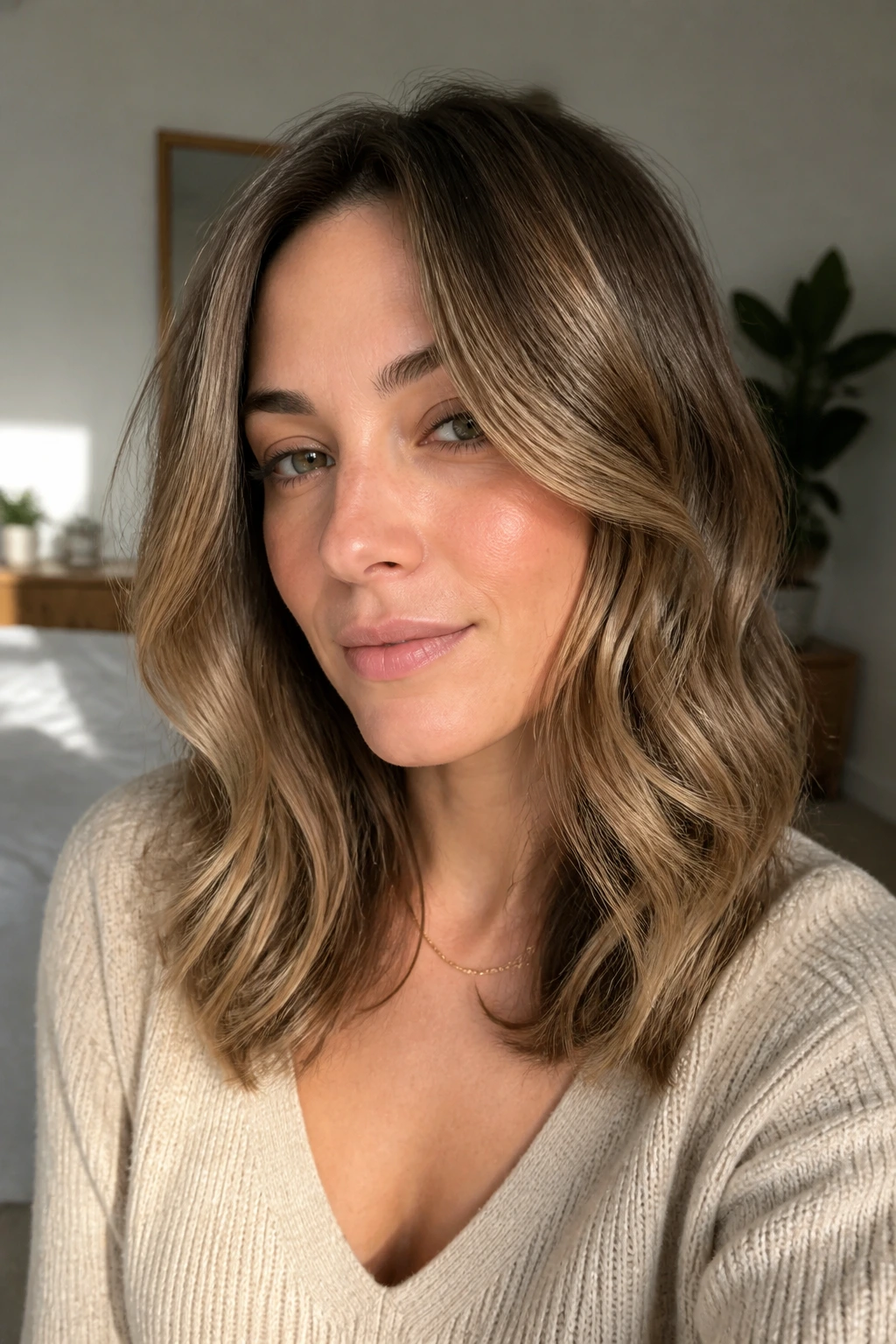 Close-up portrait of a real woman with a soft U-shape and loose waves framing her face.