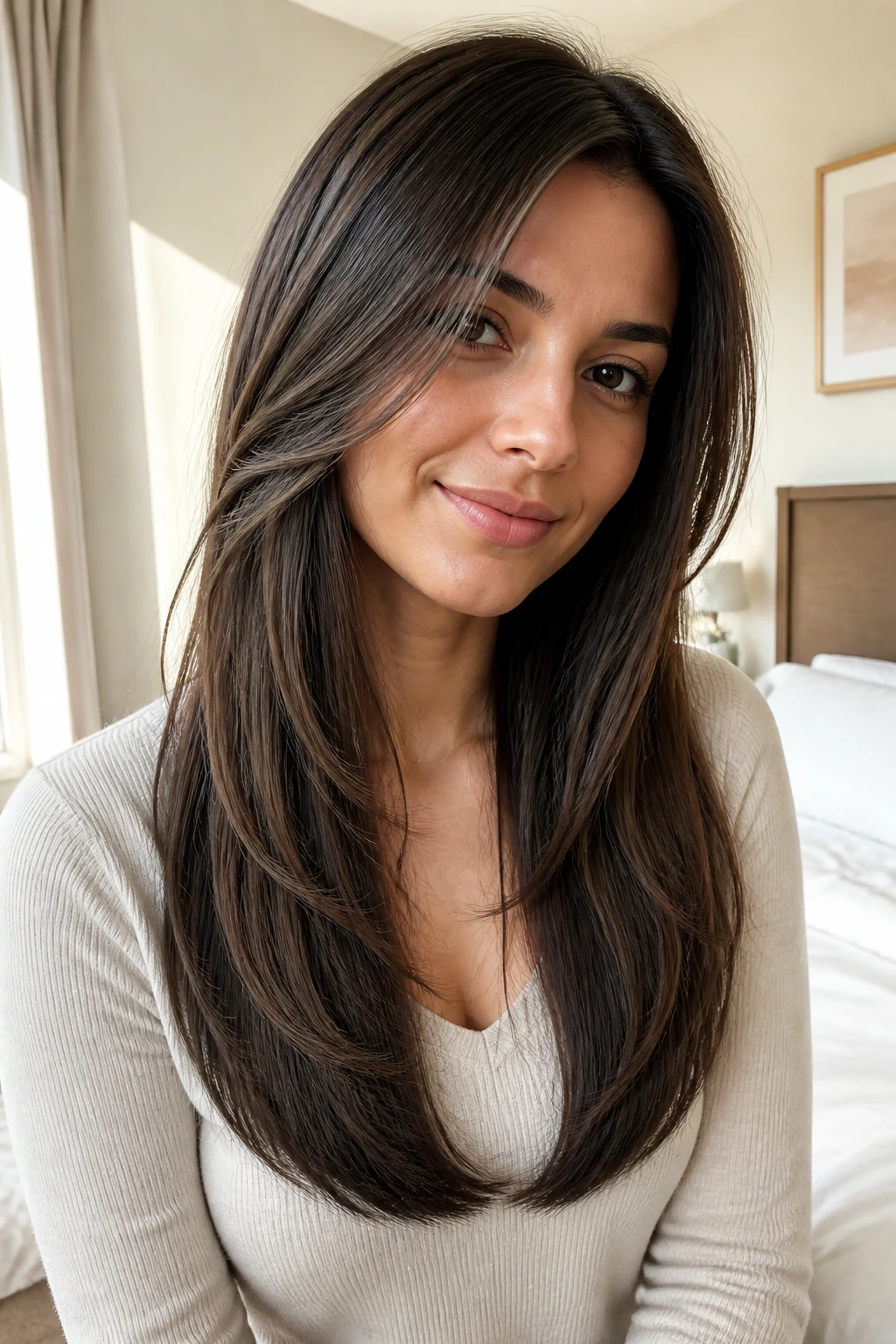 Close-up of a real woman with a soft U-shaped cut