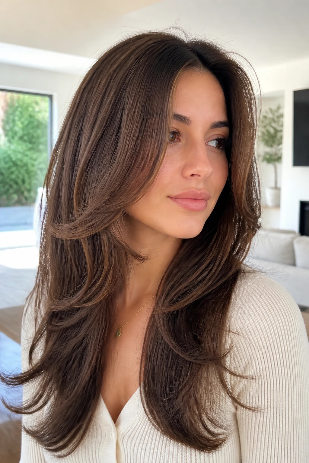 Close-up of a woman with a soft U-shaped feather cut