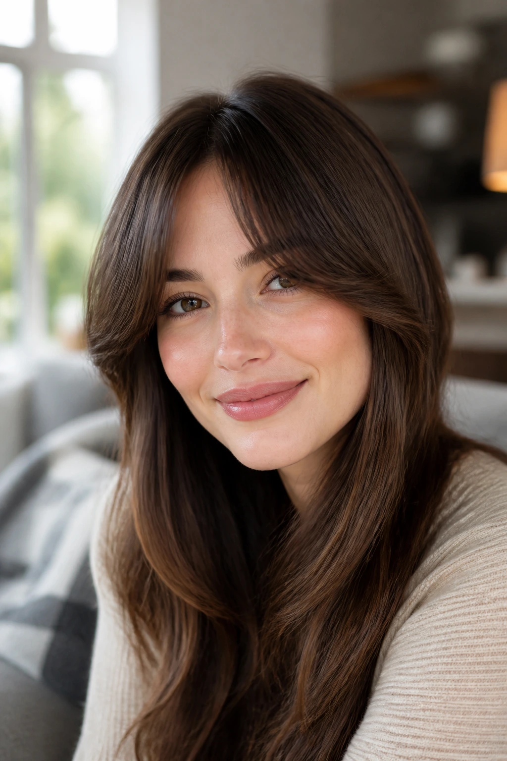 Real person with a soft U-shaped fringe framing the forehead