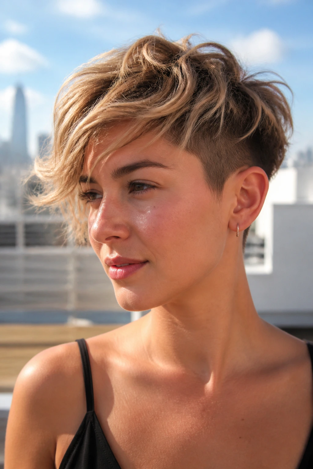 Close-up of a woman with a soft undercut and beach texture on top, outdoors in daylight