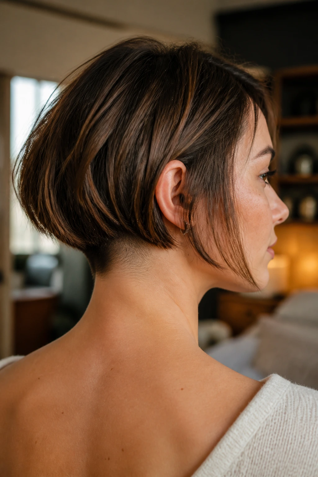 Close-up of a real woman with a soft undercut at the nape and a visible bob on top