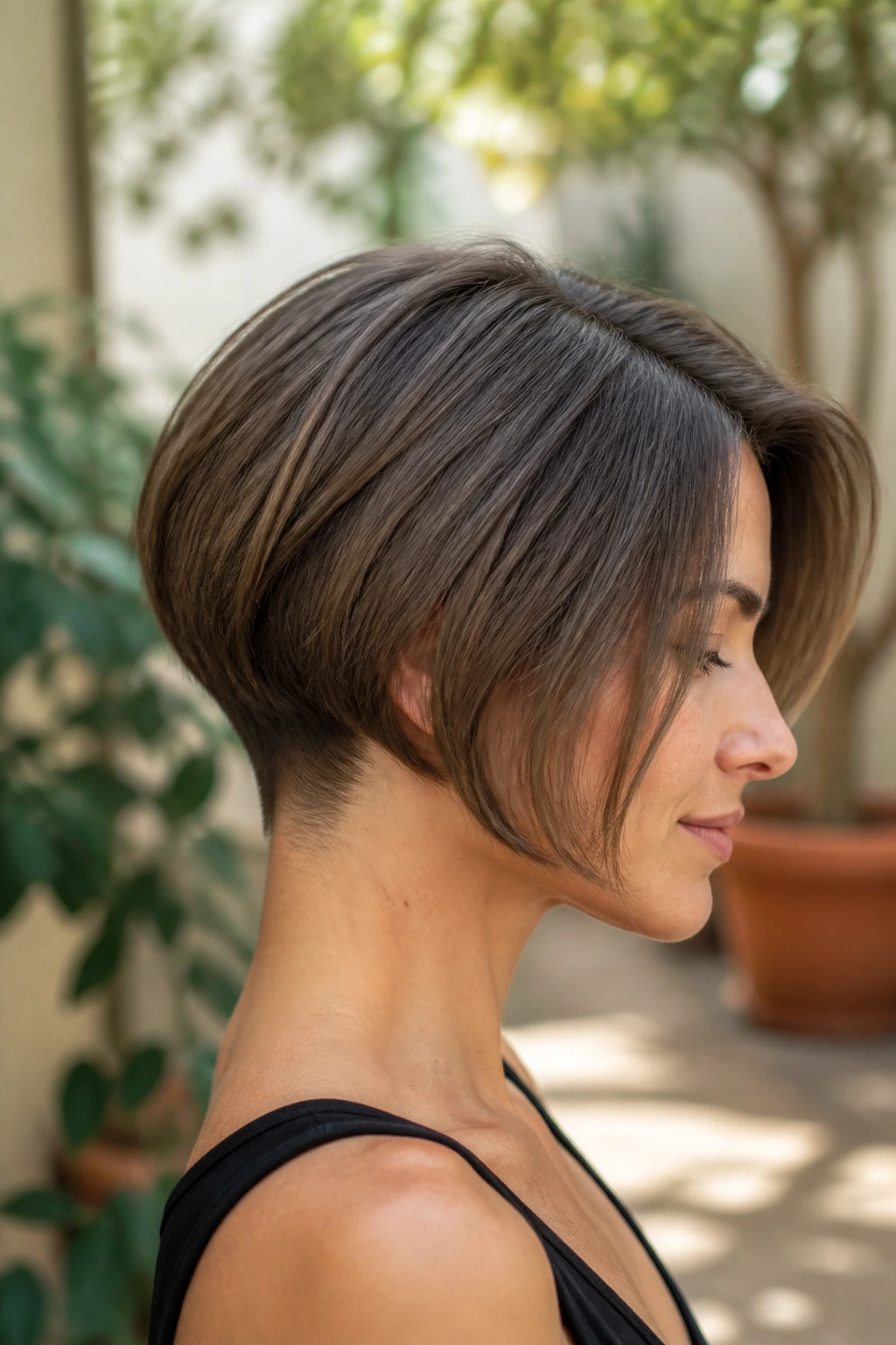 Close-up of a real woman with a soft undercut bob in a sunlit courtyard
