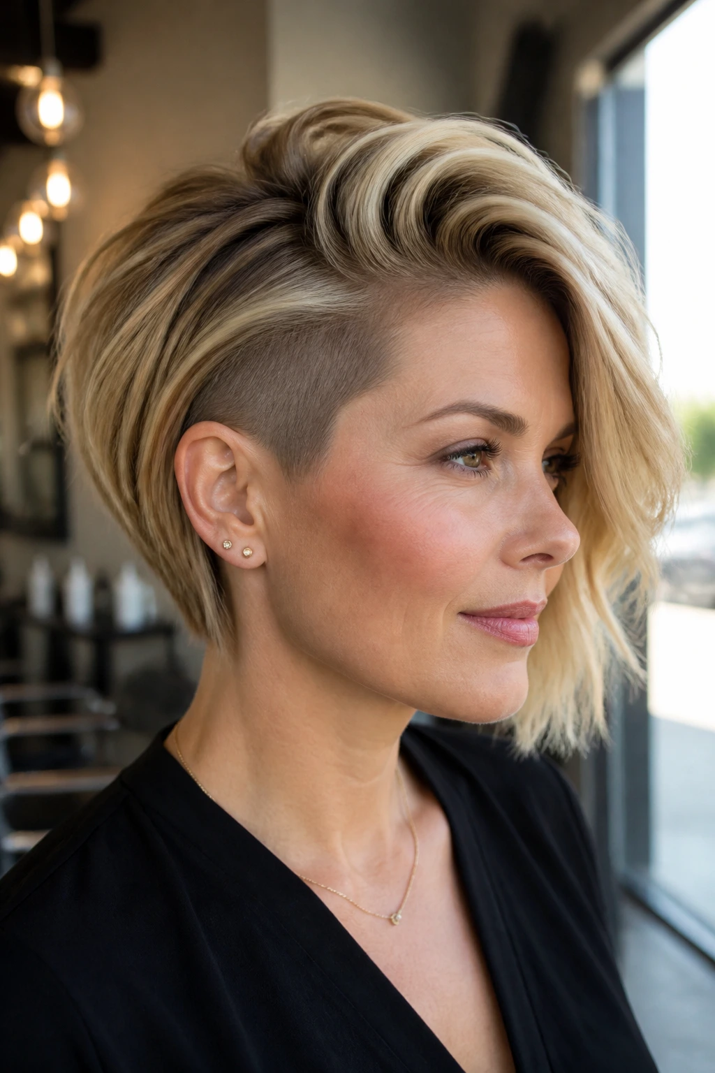 Close-up portrait of a real woman with a soft undercut bob and side volume, blonde highlights.