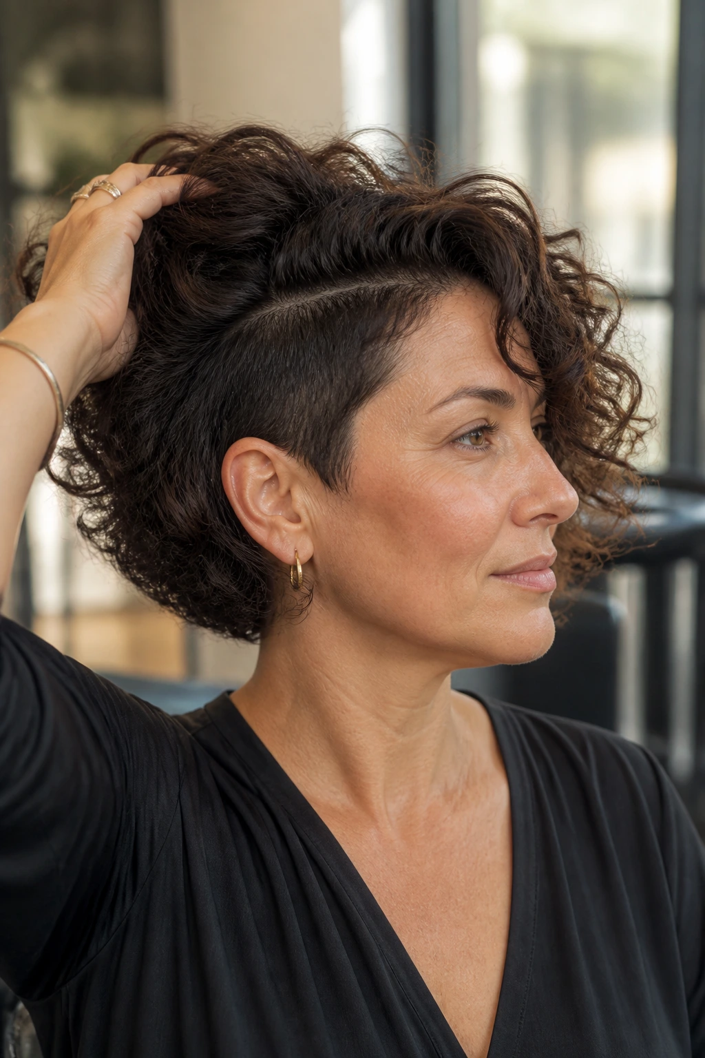 Close-up portrait of a real woman with a soft undercut bob on thick curly hair in warm salon light