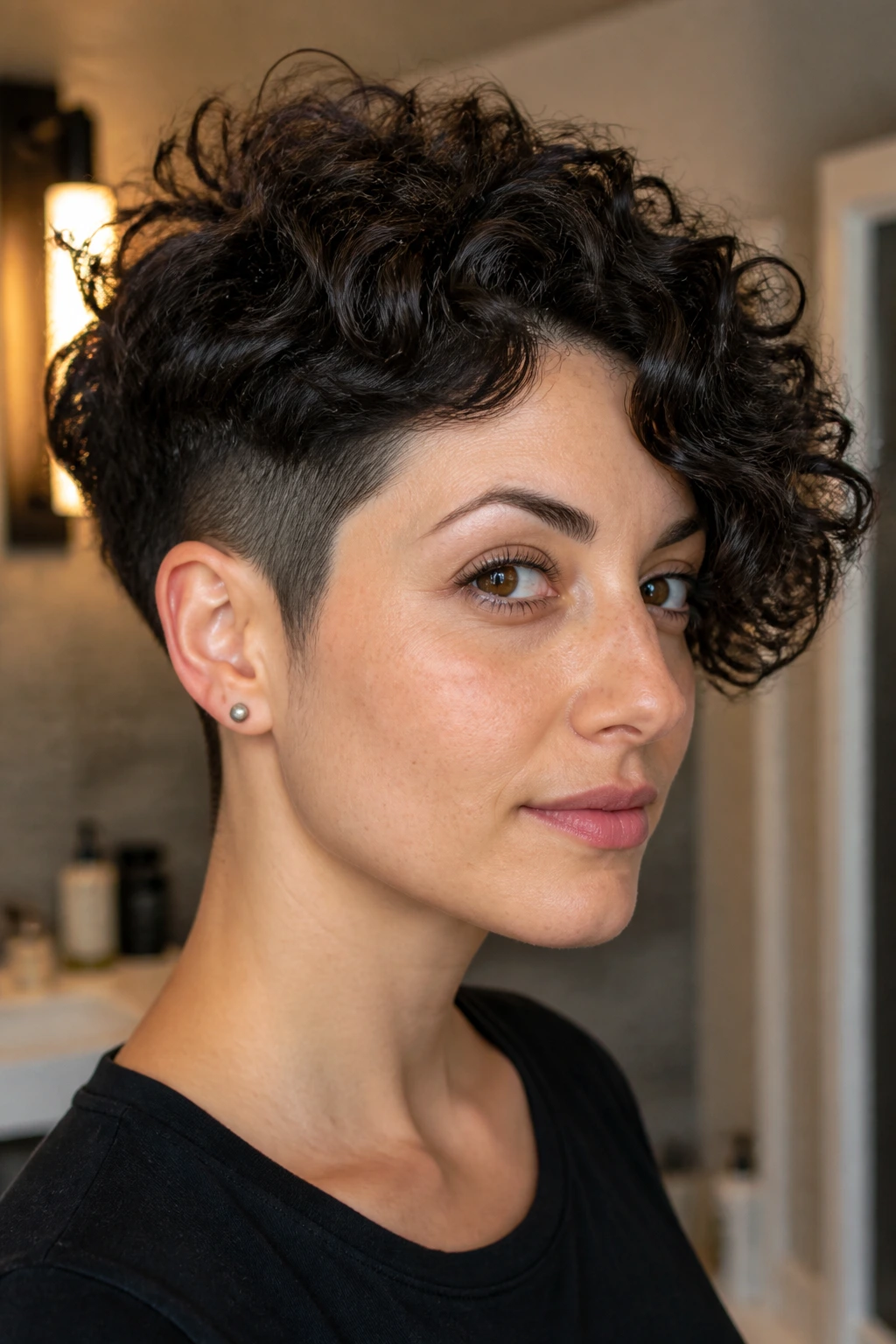 Real woman with soft undercut bob and dense curls