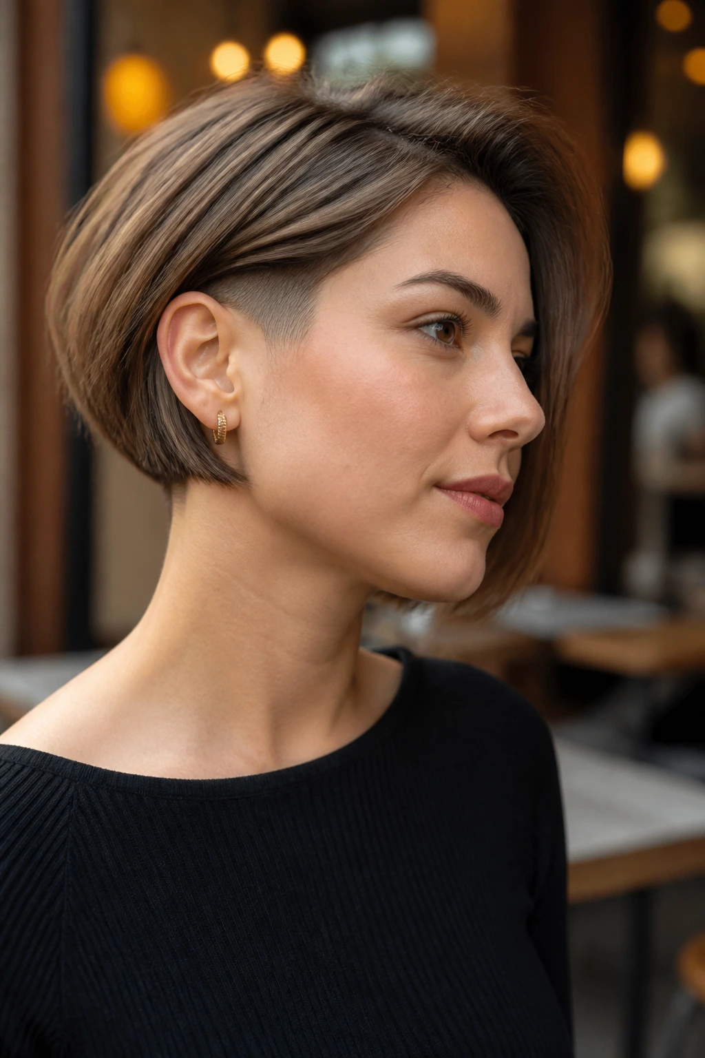 Close-up of real woman with Soft Undercut Bob showing a subtle nape undercut
