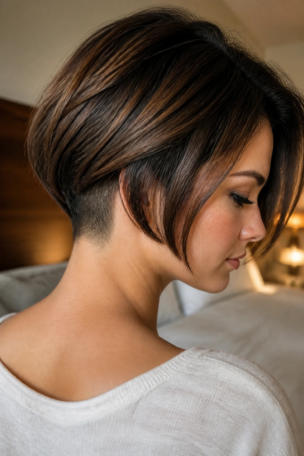 Real woman wearing soft undercut bob with smoky cocoa lowlights