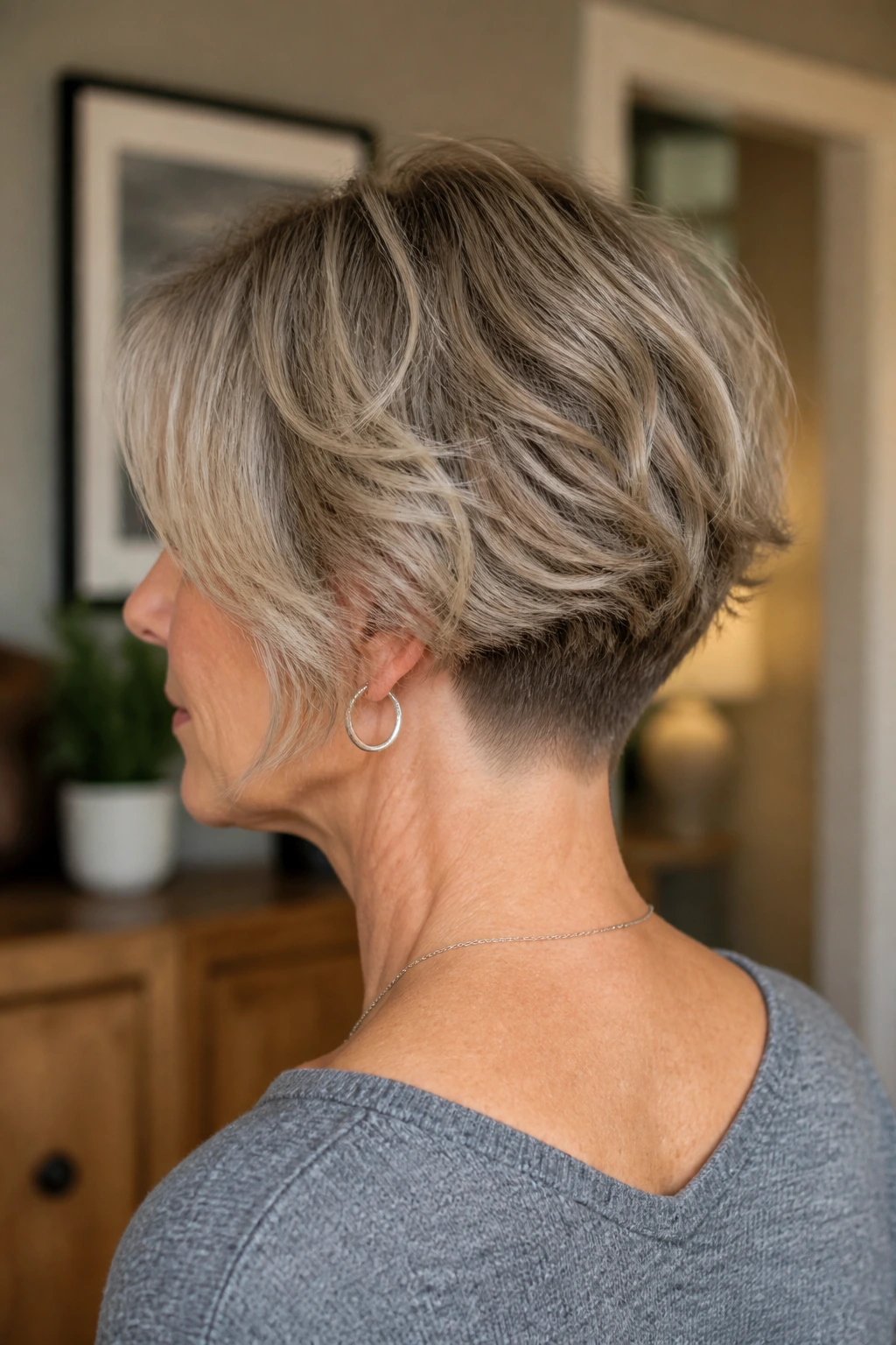 Rear three-quarter portrait of a woman with soft undercut bob