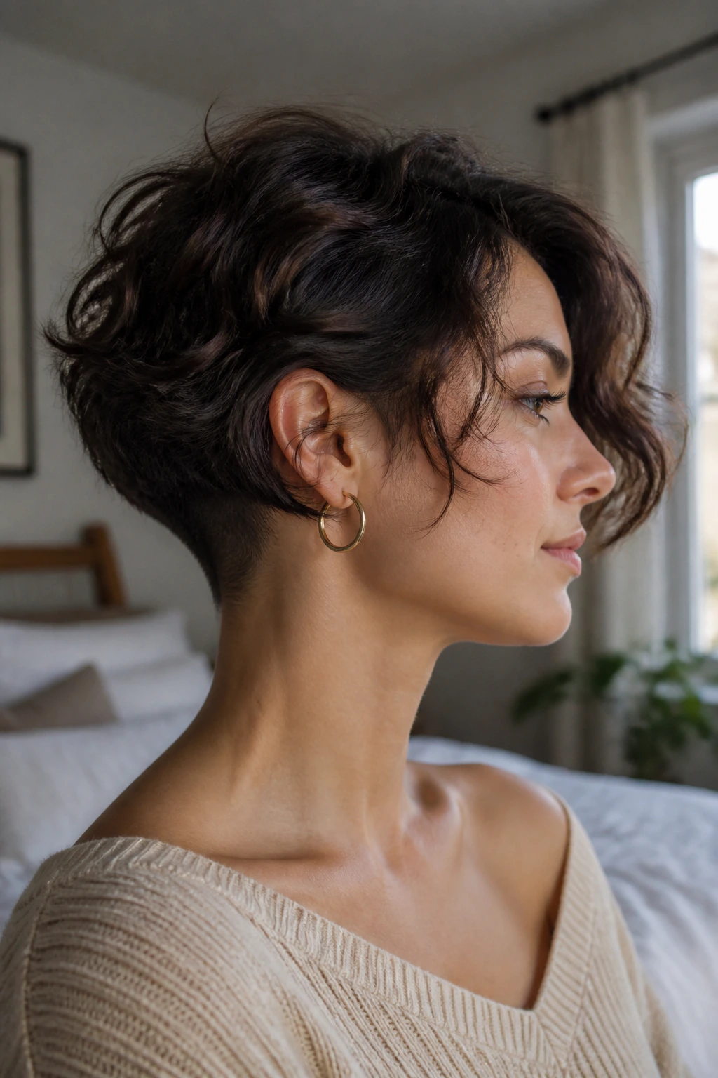 Close-up portrait of a real woman with a soft undercut bob featuring a subtle nape undercut and waves