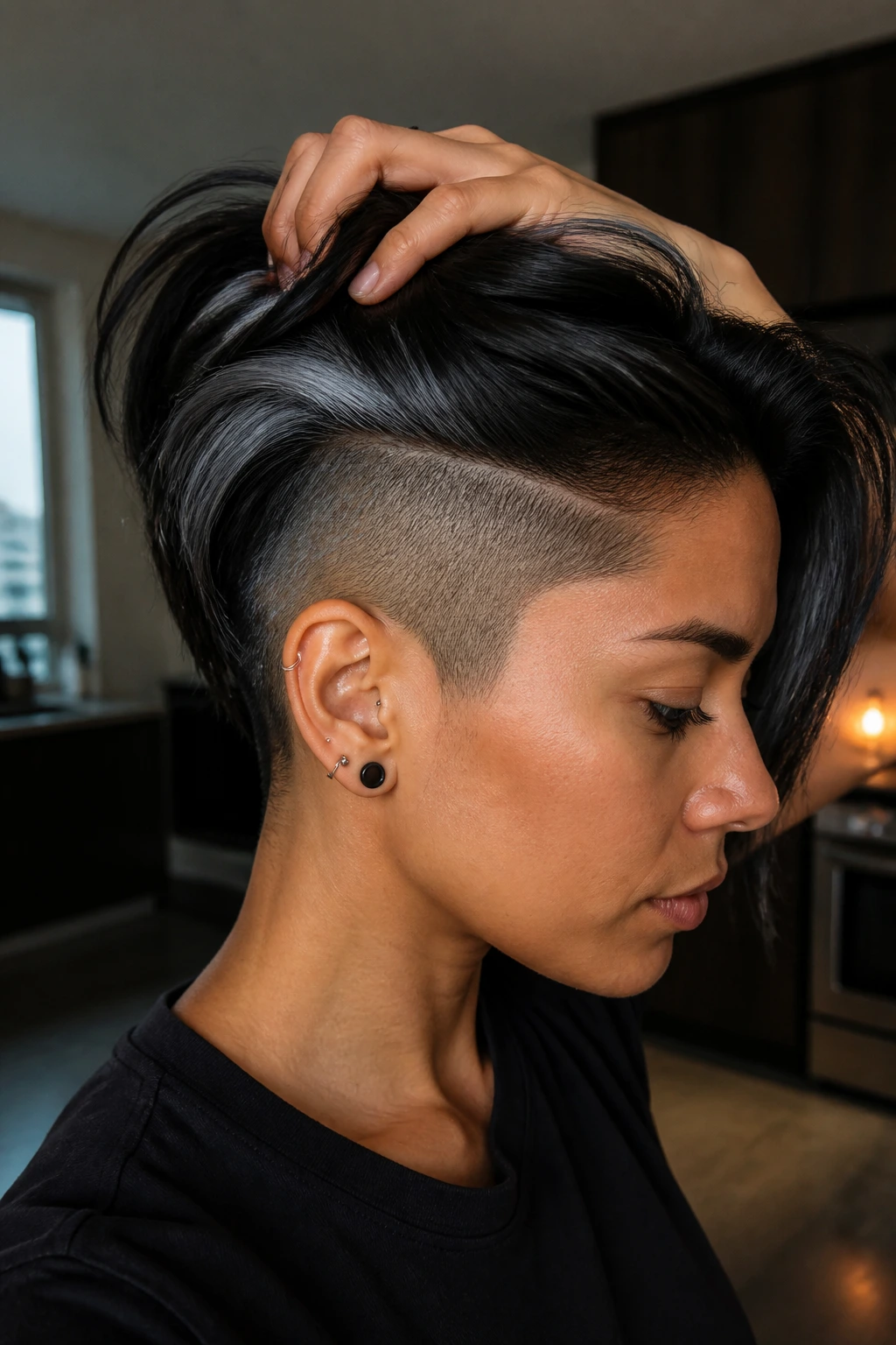Close-up of a real person with soft undercut and cool smoke detail on tan skin