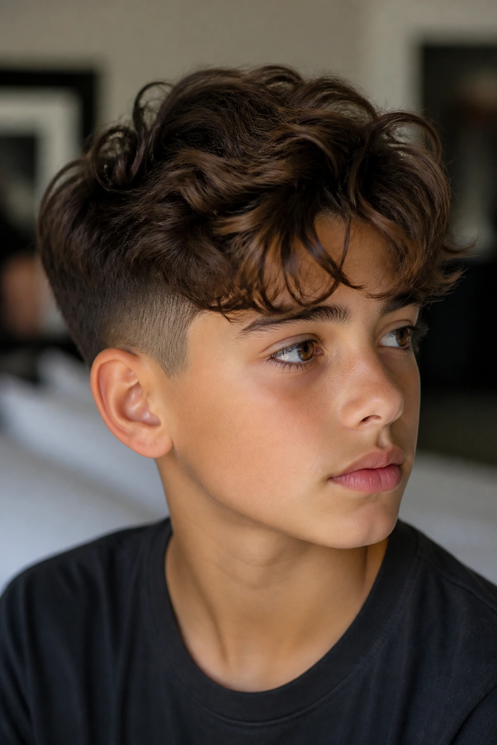 Close-up portrait of a real boy with a soft undercut and long top, warm indoor light