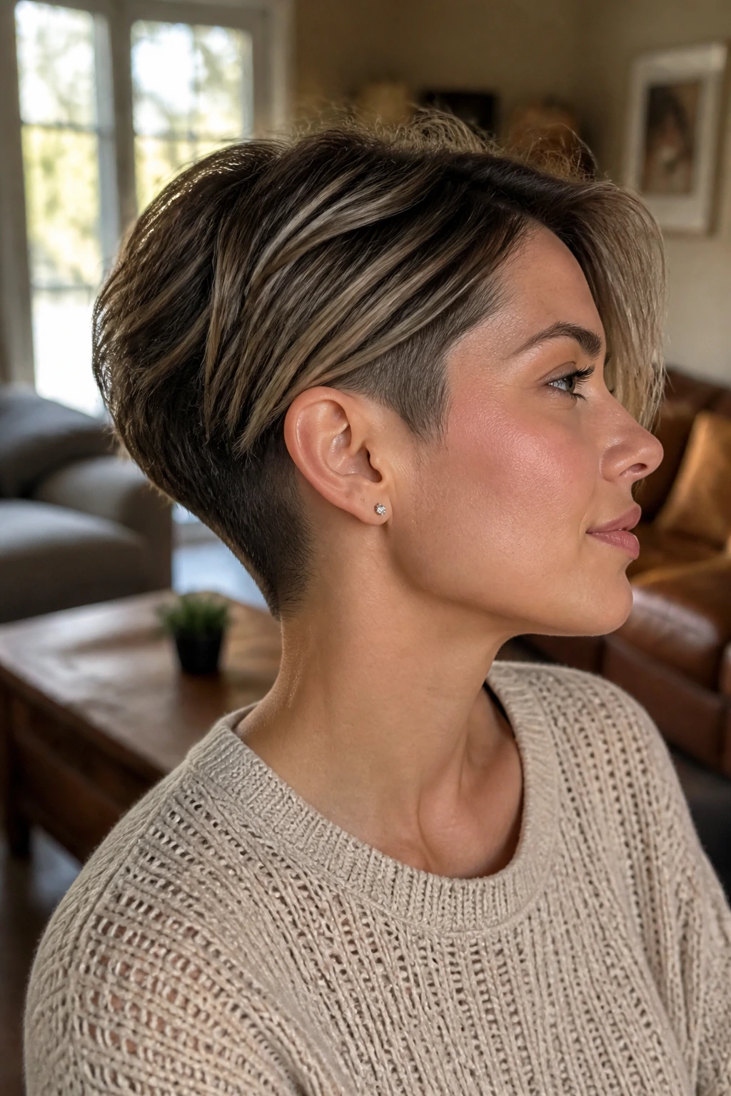 Portrait of real woman with soft undercut pixie bob in daylight