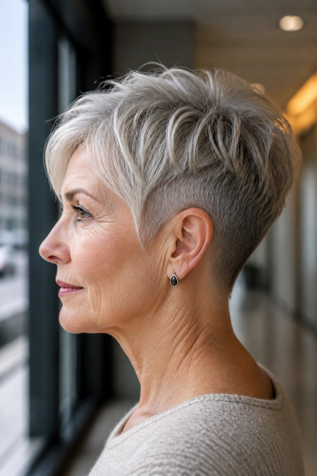 Side-profile of a woman with a soft undercut pixie and lifted crown.
