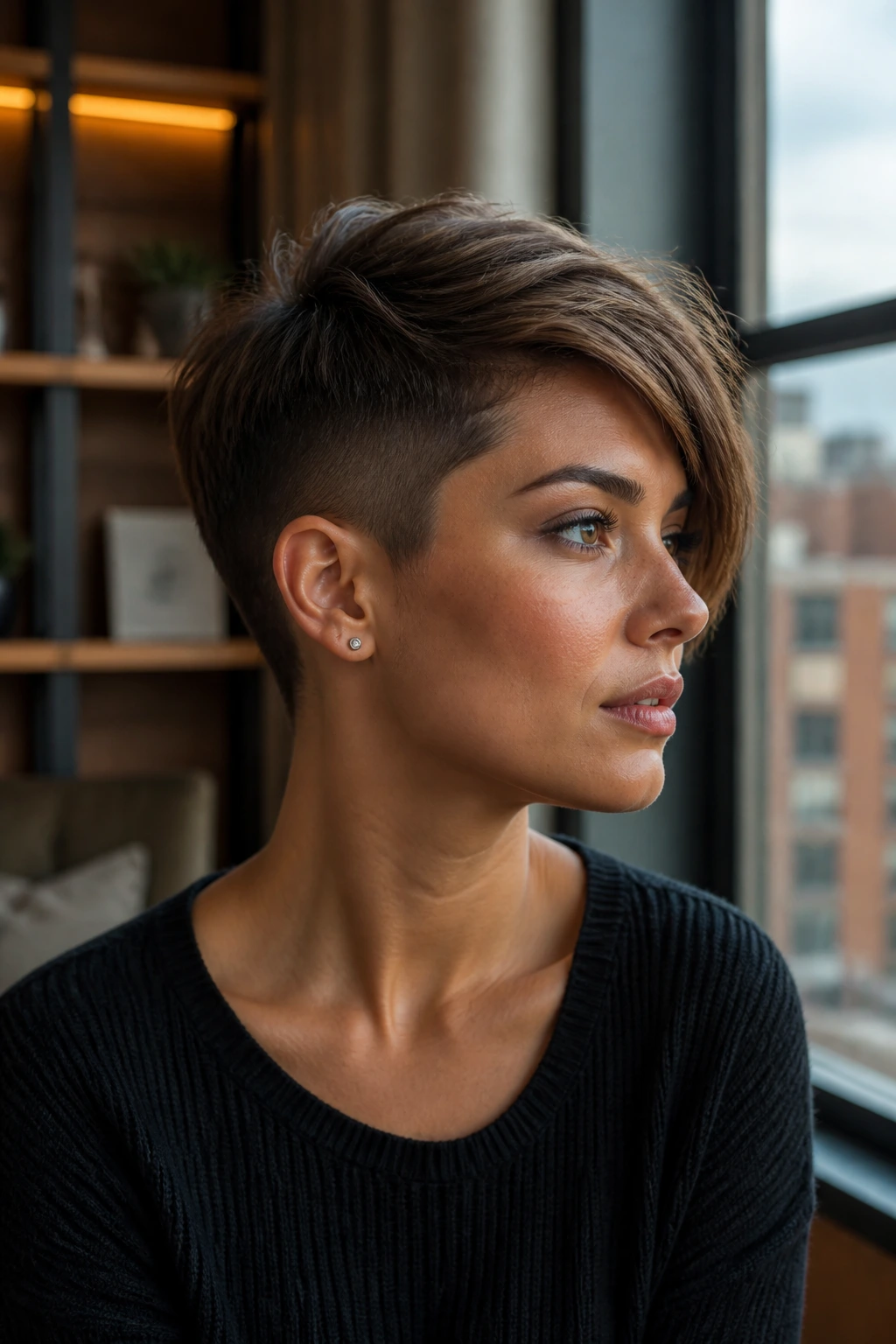 Close-up portrait of a woman with a soft undercut pixie hairstyle