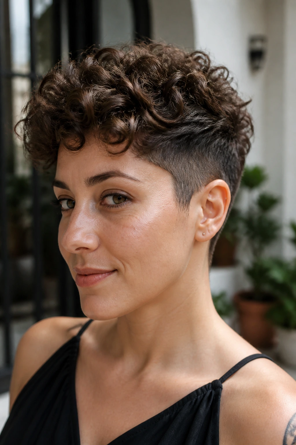Close-up portrait of a real woman with a soft undercut pixie and textured curls.