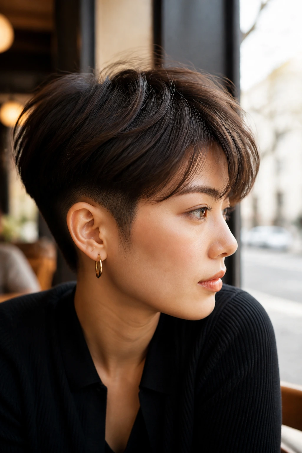 Portrait of a woman with soft undercut pixie and longer top at a cafe window