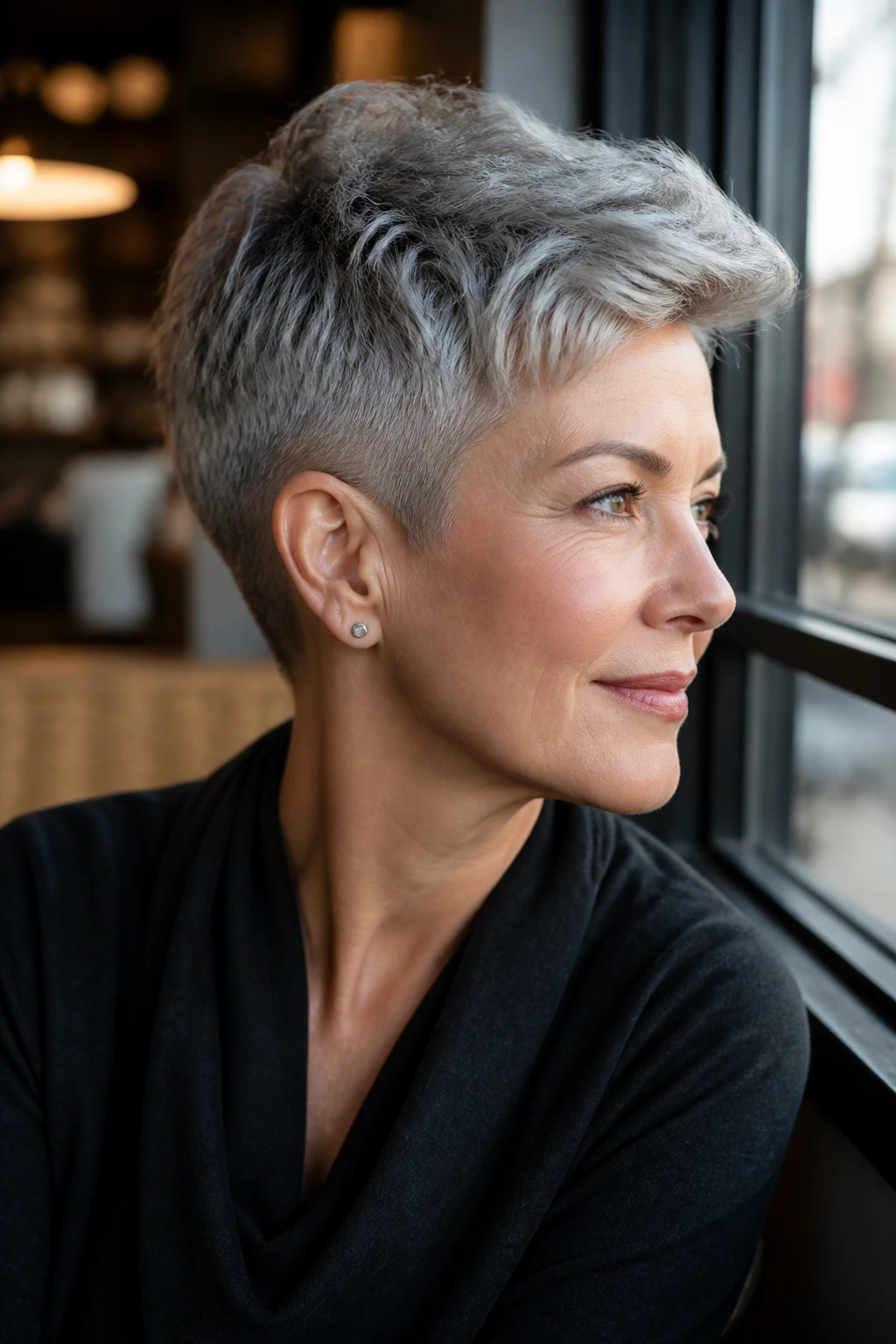 Close-up of a real woman with a soft undercut pixie showing airy top and neat sides