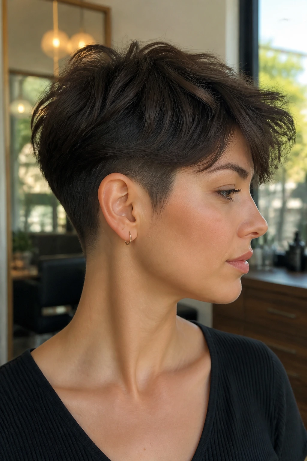 Profile view of a real woman with a soft undercut long pixie.