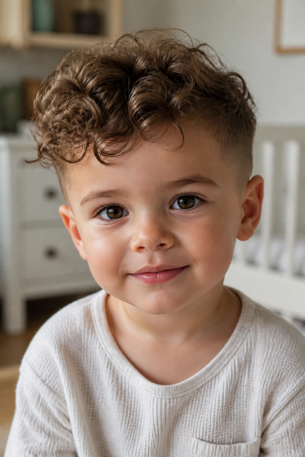 Close-up portrait of a real toddler boy with a soft undercut pixie haircut in a cozy nursery