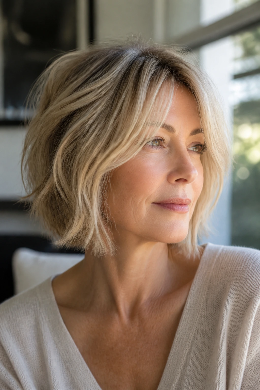 Real woman with a soft undone layered blonde bob in natural light