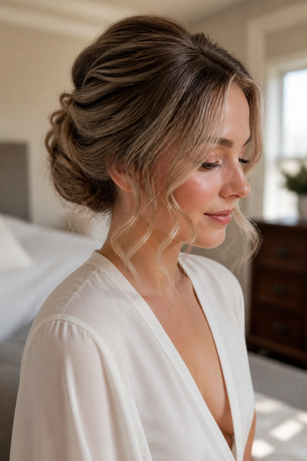Close-up of a real woman with a soft updo and curled tendrils framing the face in warm window light