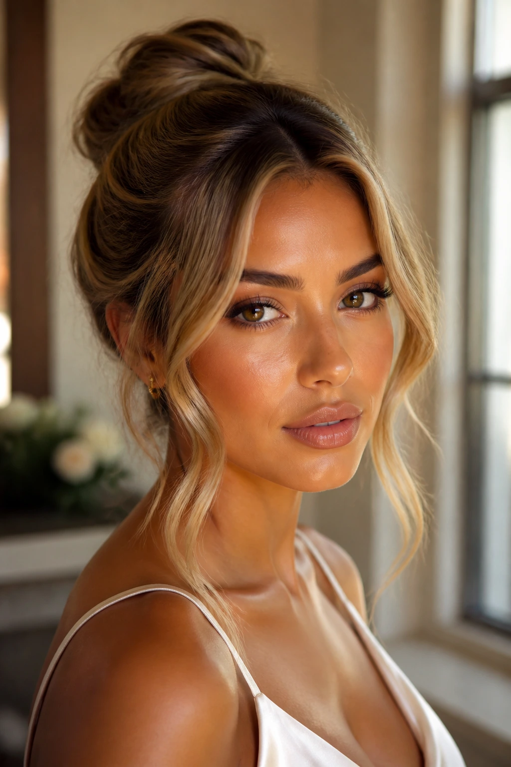Close-up of a real woman with a soft updo and glossed tendrils around the face