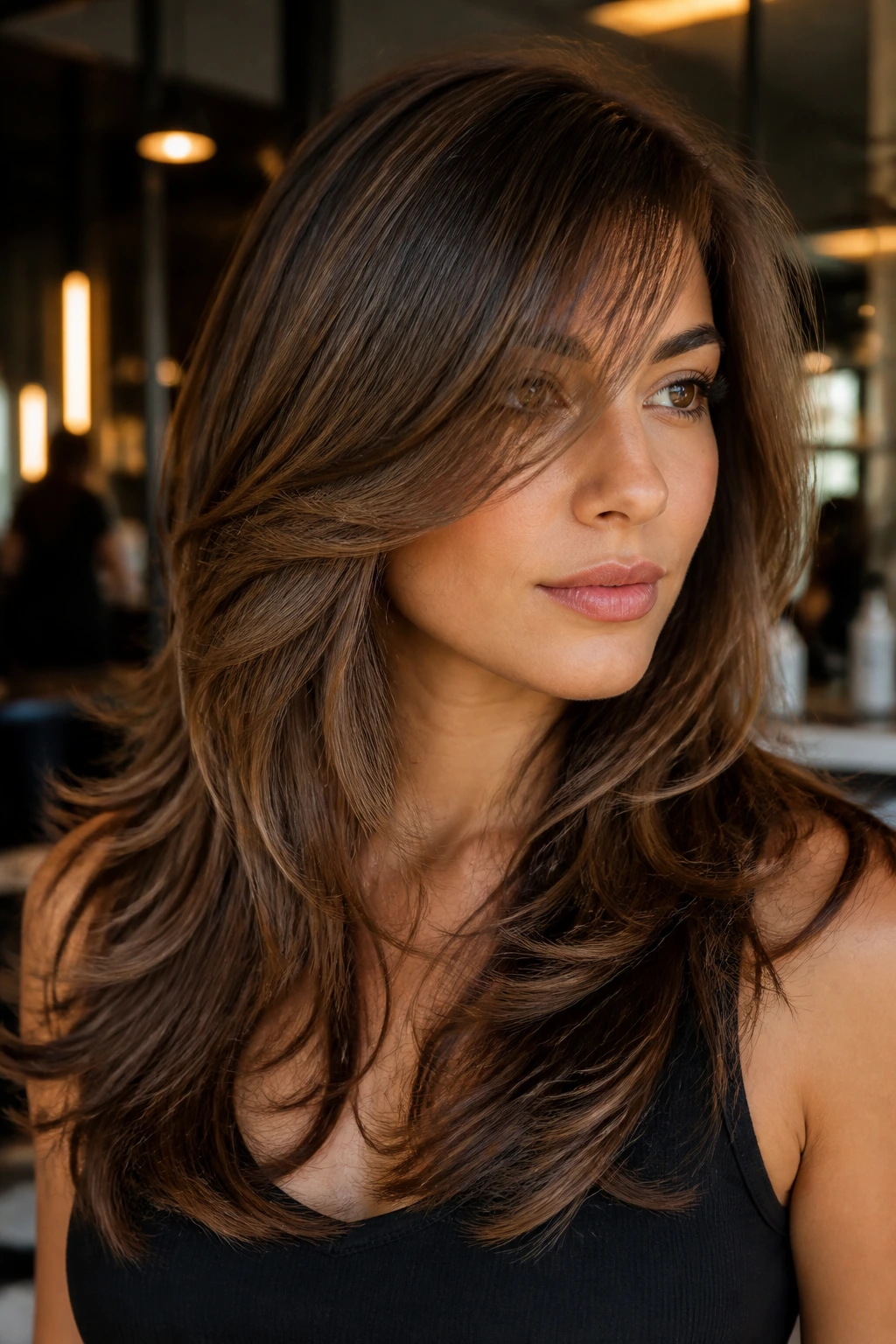 Close-up of a real woman with a soft V-cut and traveling fringe hairstyle