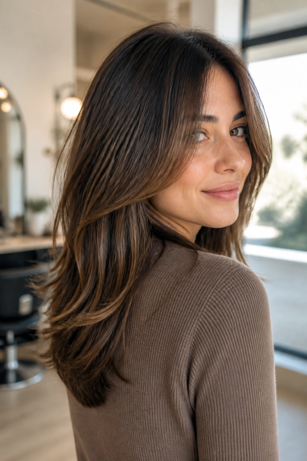 Portrait of a real person with soft V-shape layers showing a gentle back point