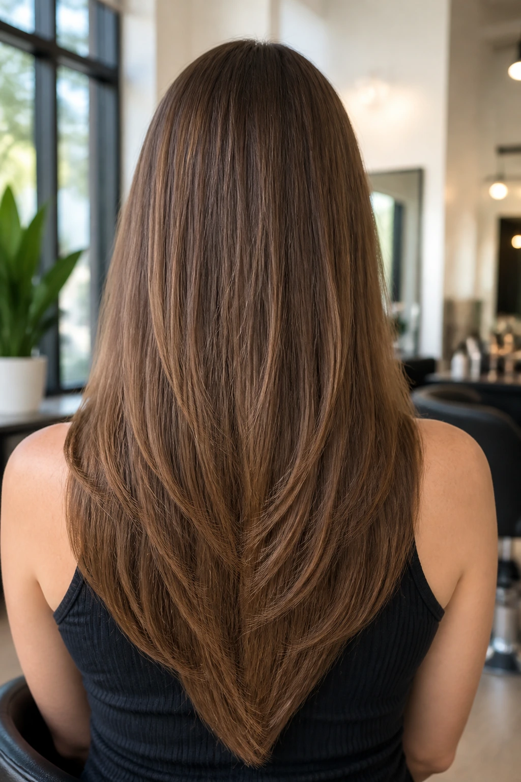 Close-up portrait of a real woman with soft V-shape mid-back layers