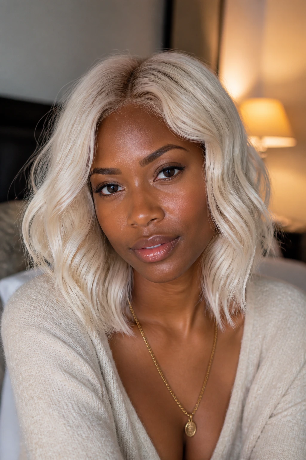 Close-up of a real person with soft vanilla platinum hair in loose waves