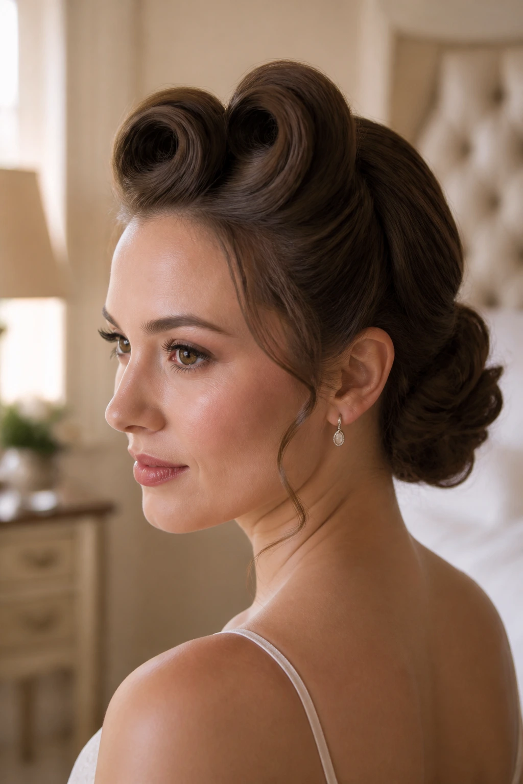 Close-up portrait of a woman with a soft victory roll updo featuring front rolls and a low bun