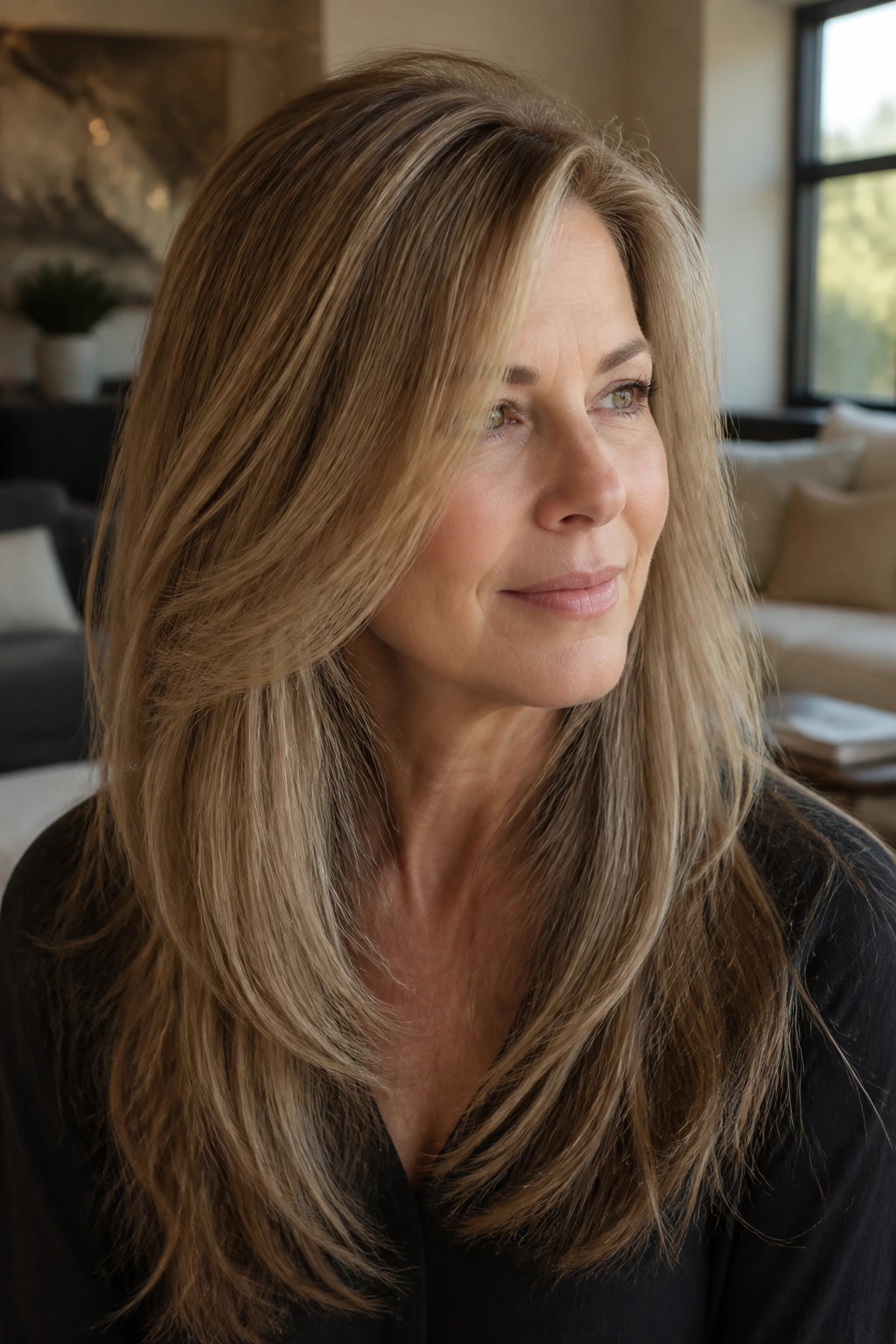Portrait of a real woman with long hair showing soft volume and babylights in natural light