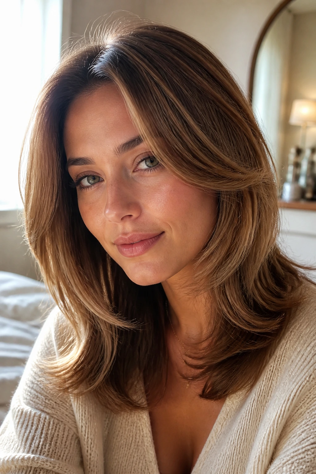 Close-up of a real woman with a soft-volume blowout in a sunlit room