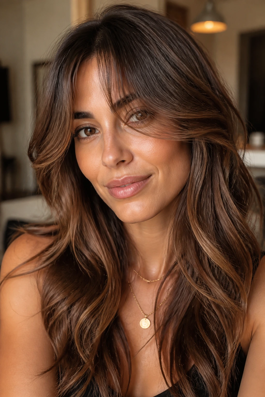 Close-up of a real person with soft walnut highlights and curtain bangs