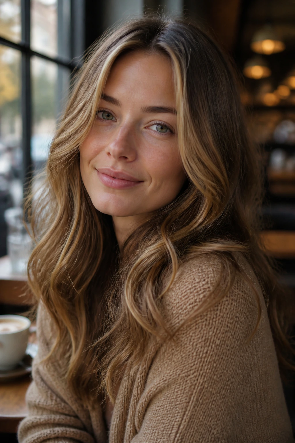Close-up portrait of a real woman with Soft Walnut Dimension hair