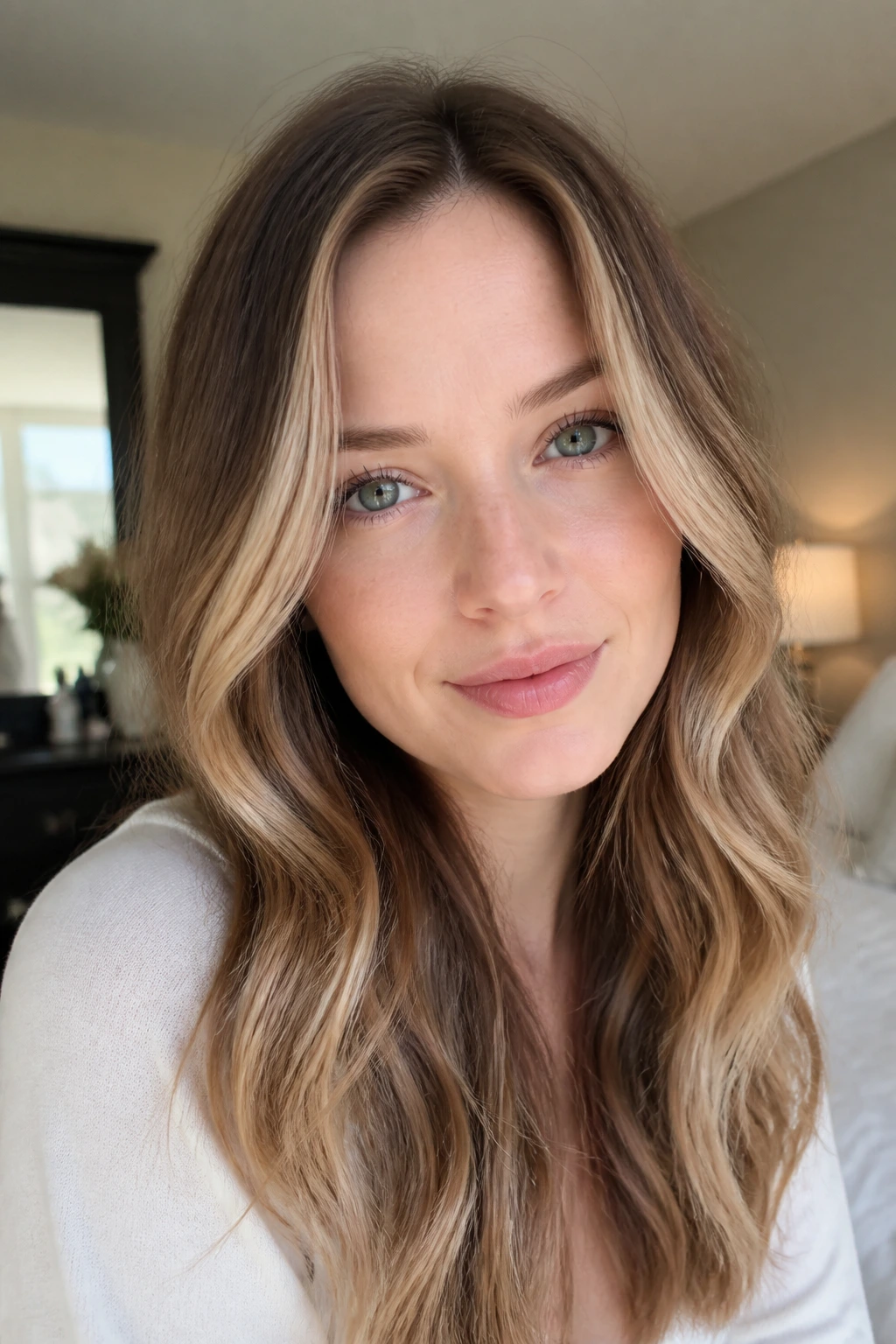 Close-up portrait of a woman with Soft Walnut-Sand Bronde hair color