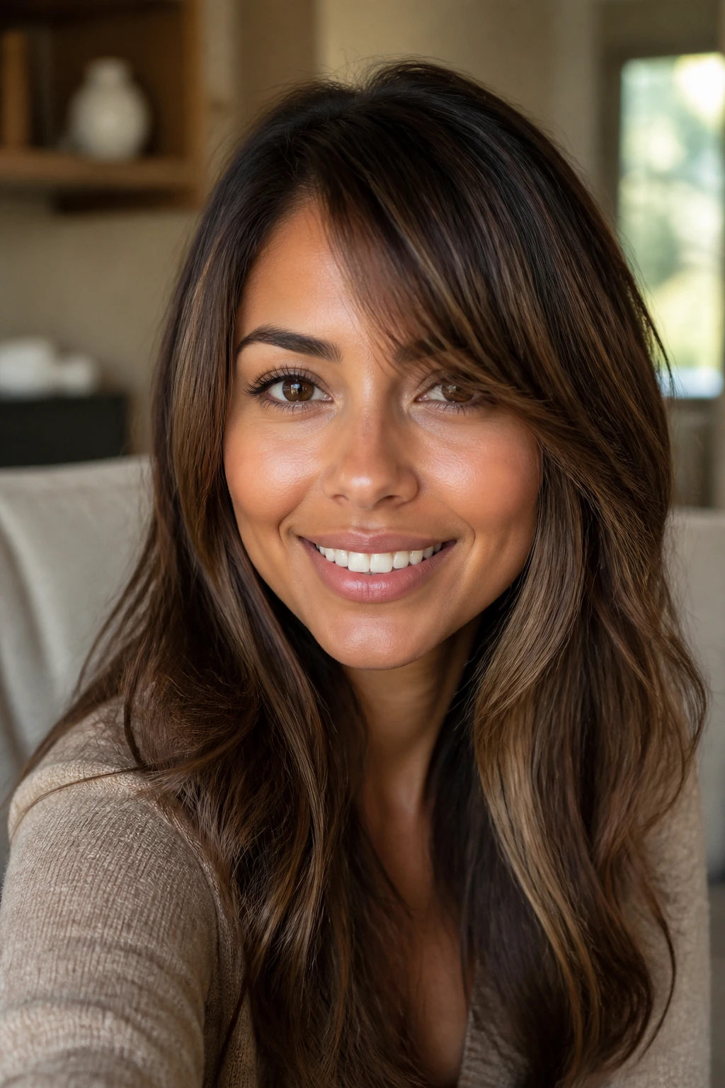 Real woman with soft walnut veil highlights around face on tan skin.