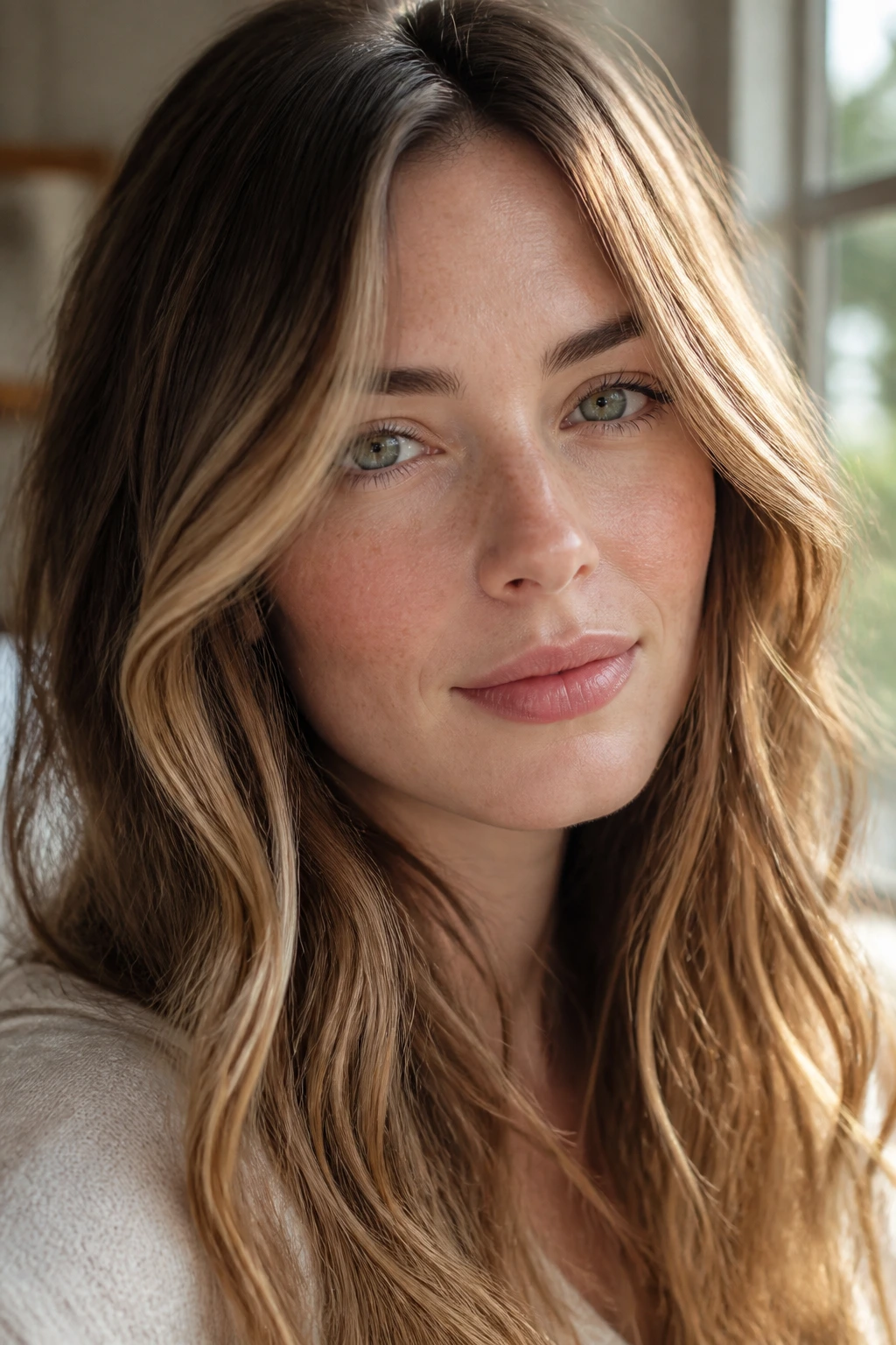 Woman with soft warm caramel highlights around the face