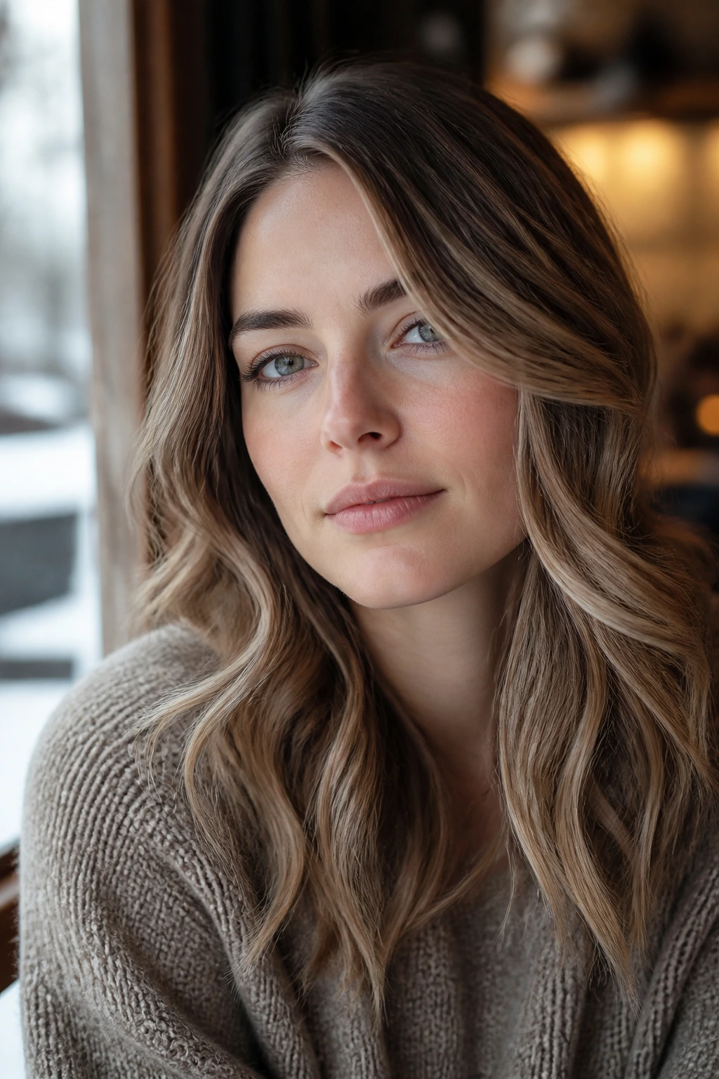 Close-up portrait with soft warm caramel balayage