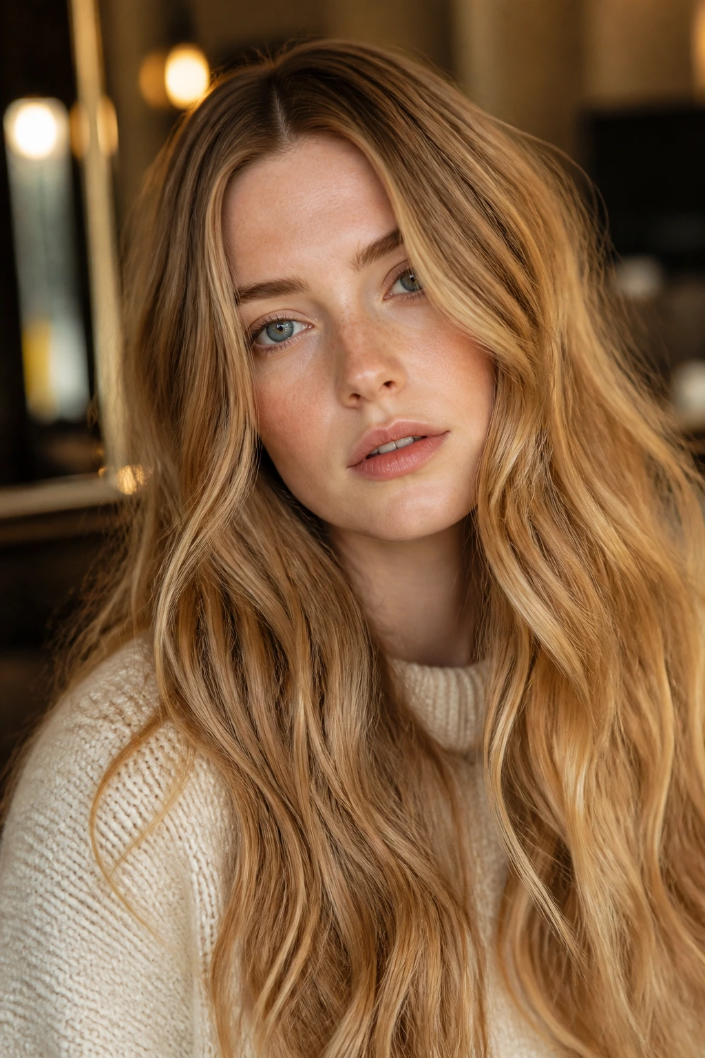 Close-up portrait of honey blonde hair in soft warm light
